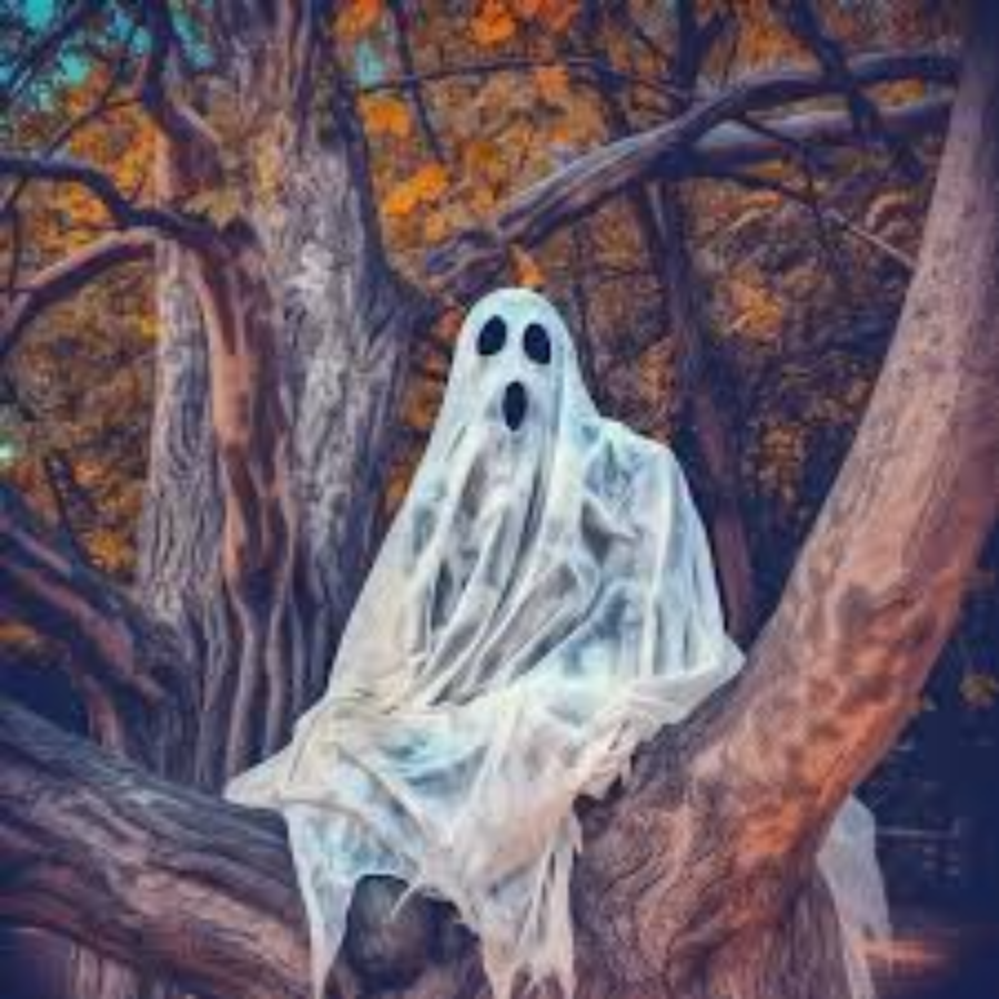 A ghost sits on a tree branch in a ...